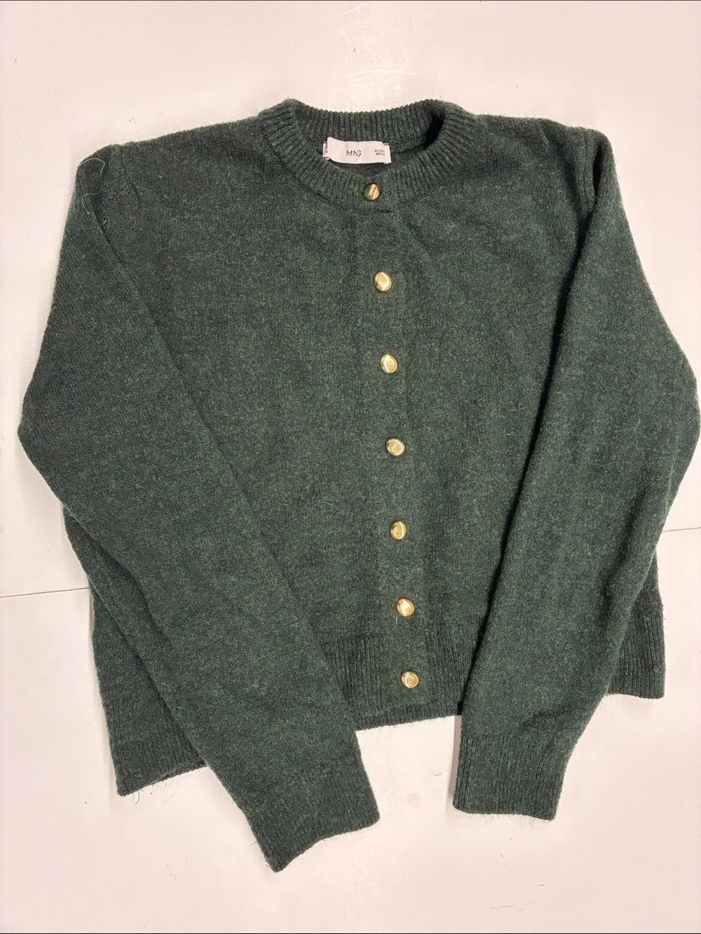 NEW Mango Dark Green Button-Up Crewneck Cardigan with Gold Buttons Size Small